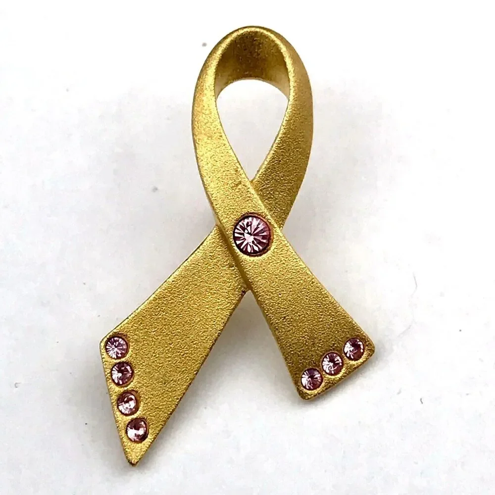 AVON Pin Pink Stone Ribbon Gold Tone Breast Cancer Awareness Collectible